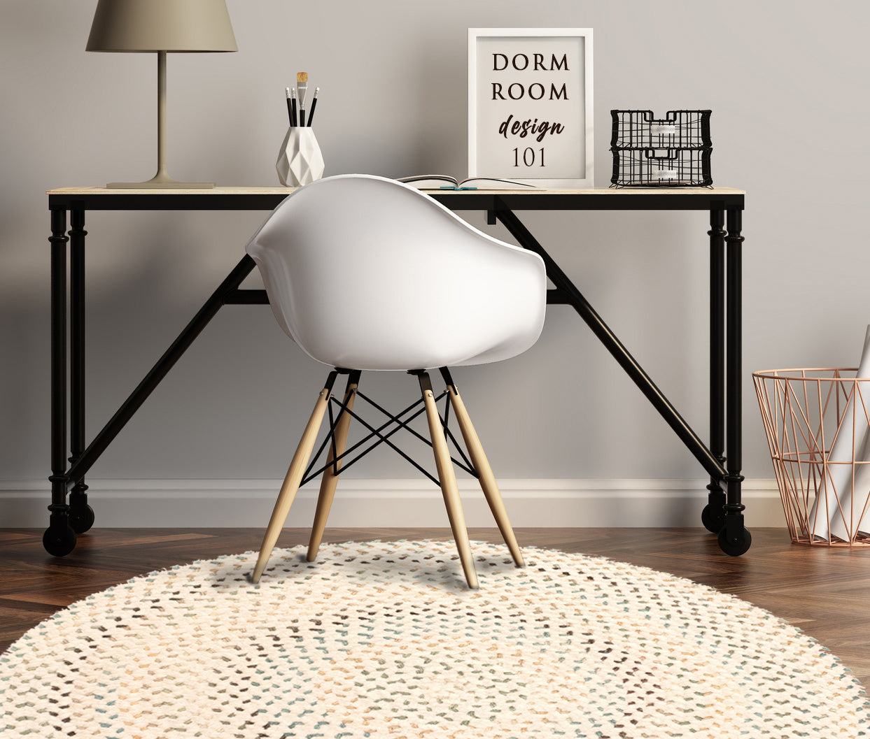 office dorm room desk chair and round braided rug neutral colors