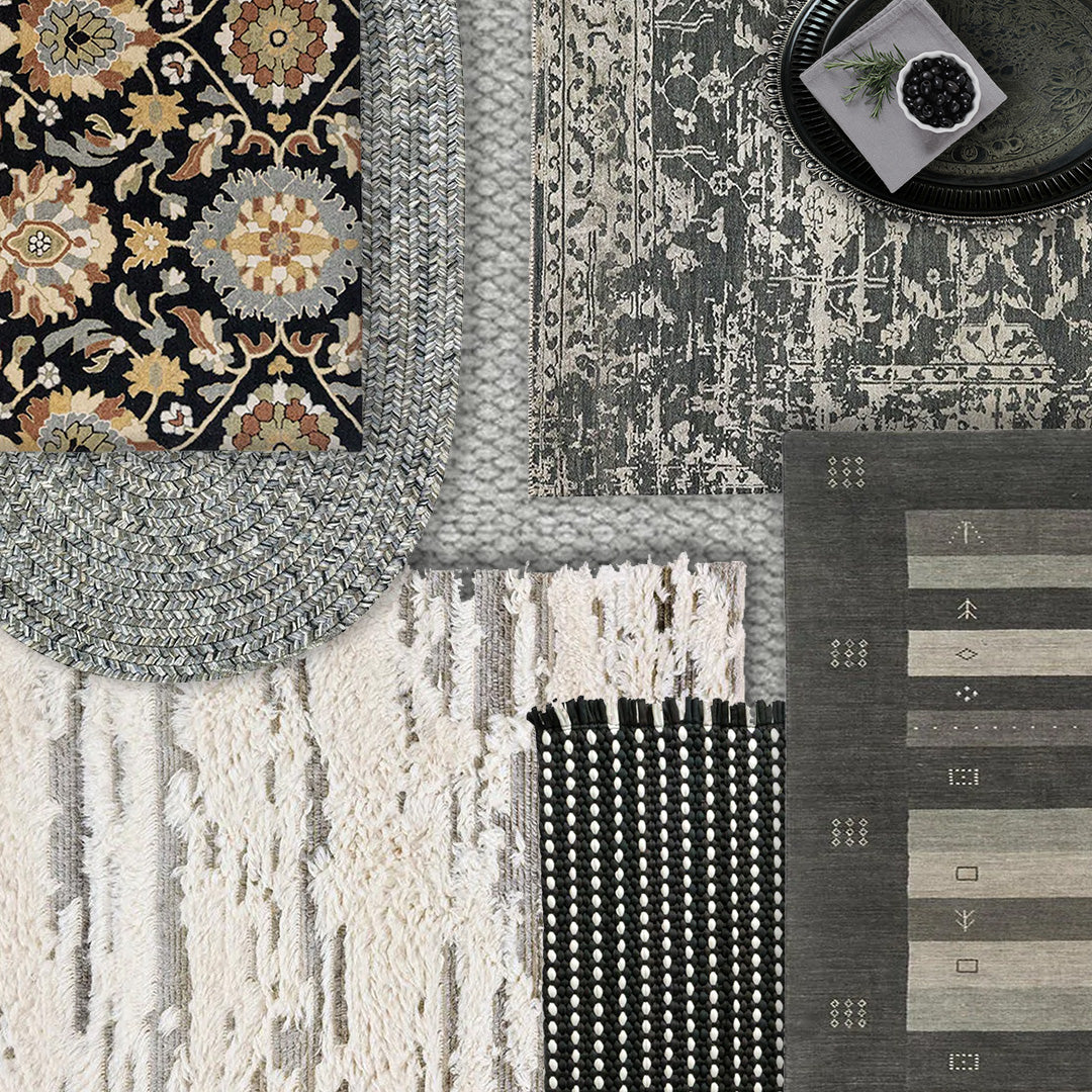 black and grey rugs layered image