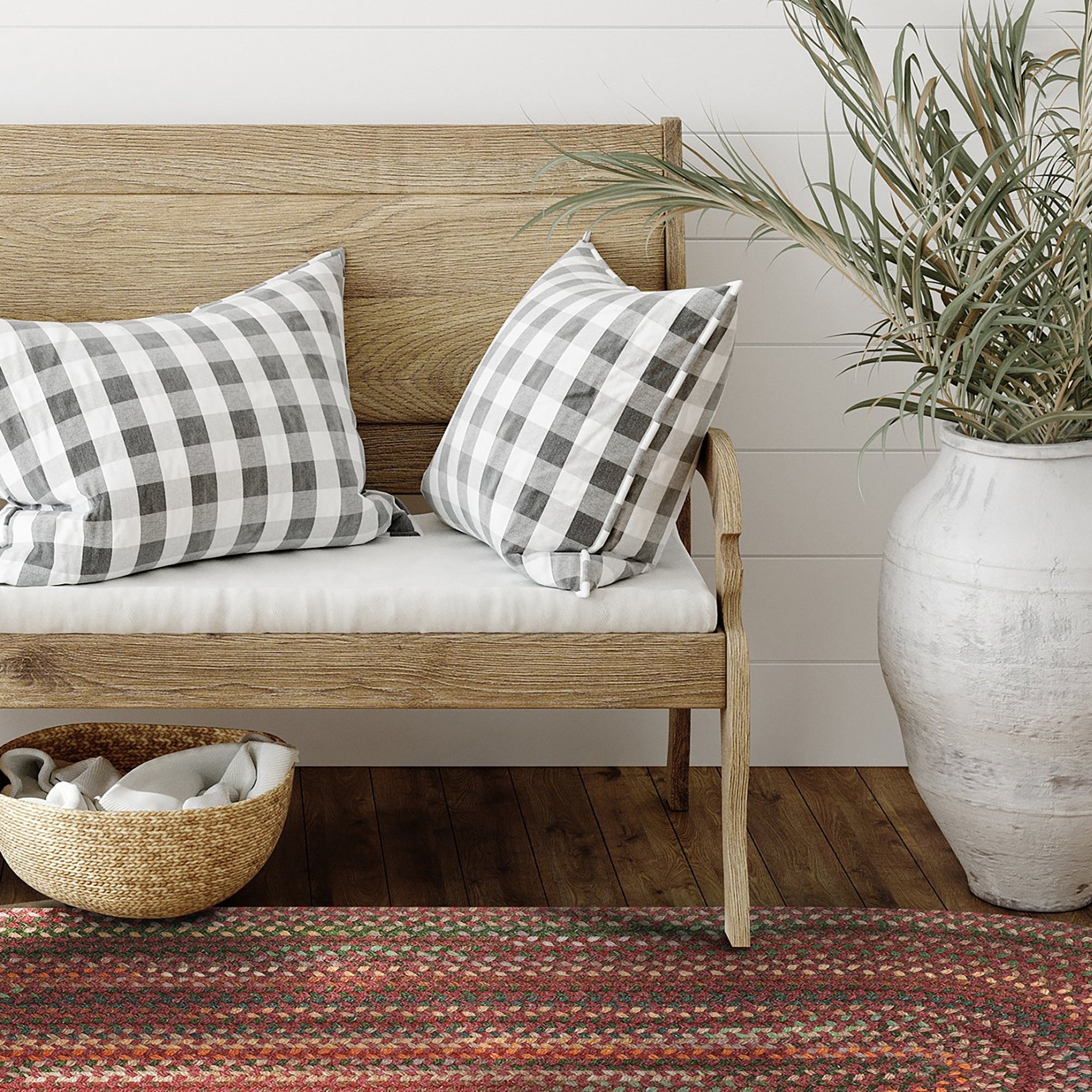 farmhouse style bench with braided rug