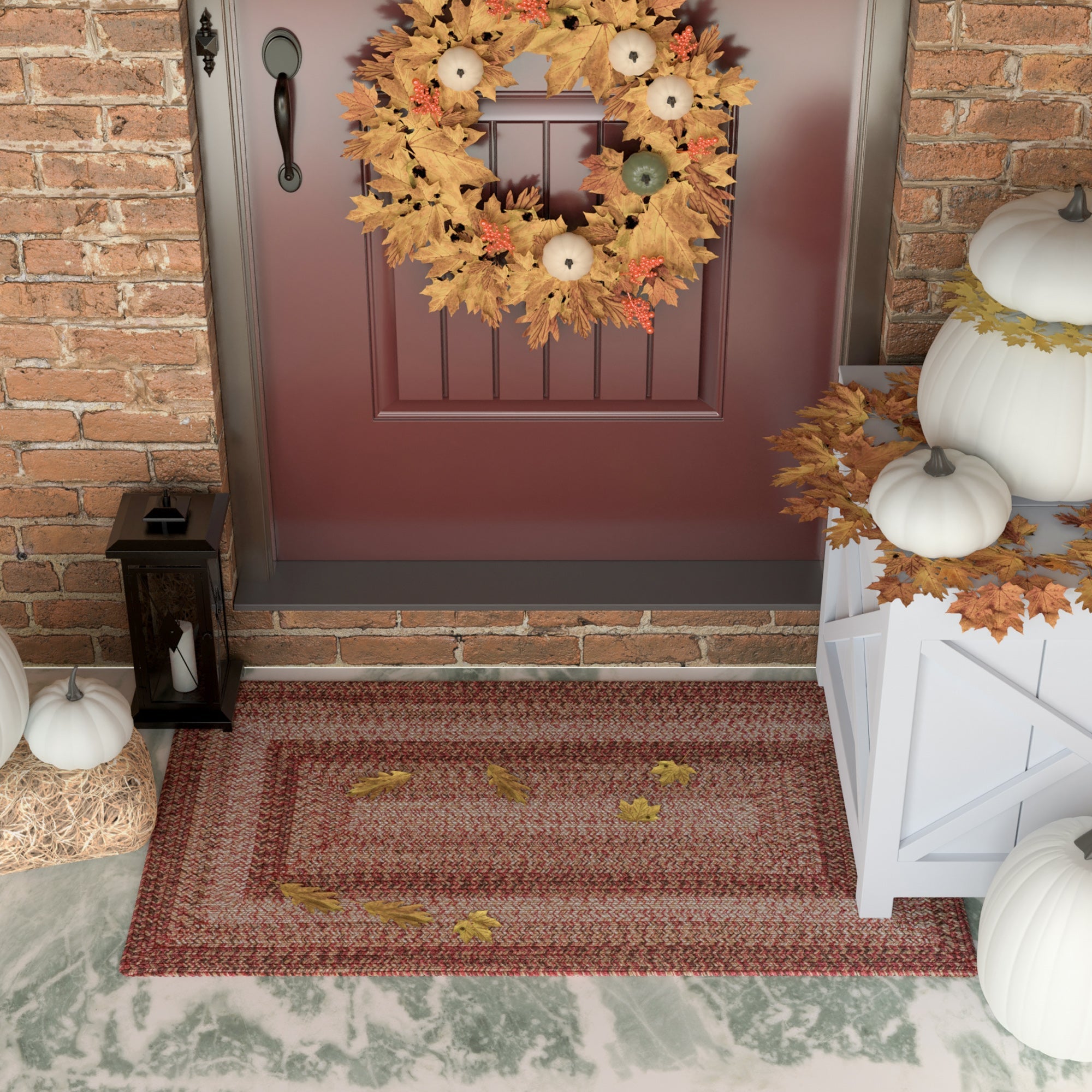 fall outdoor front door with rug 