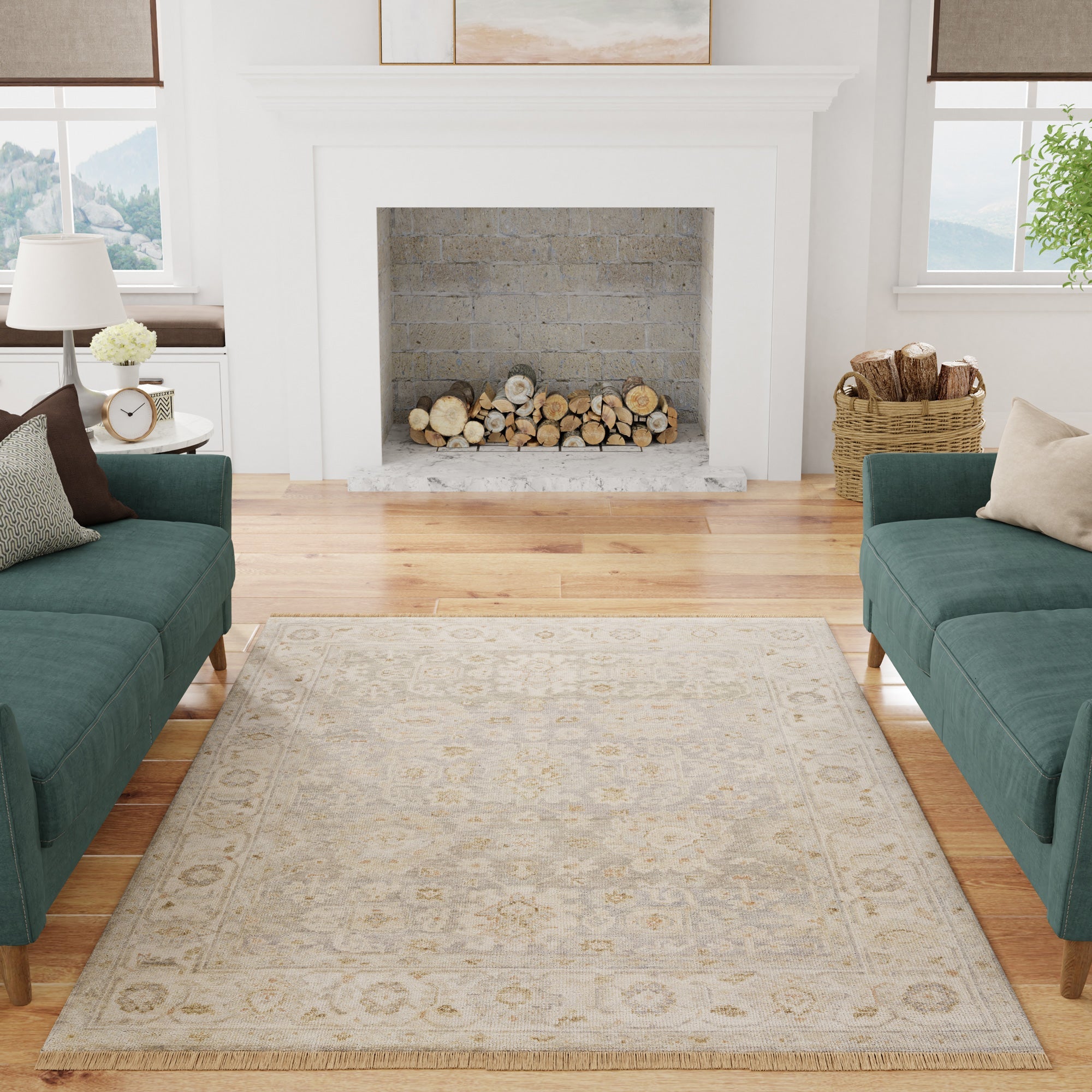 farmhouse living room with a hand knot rug